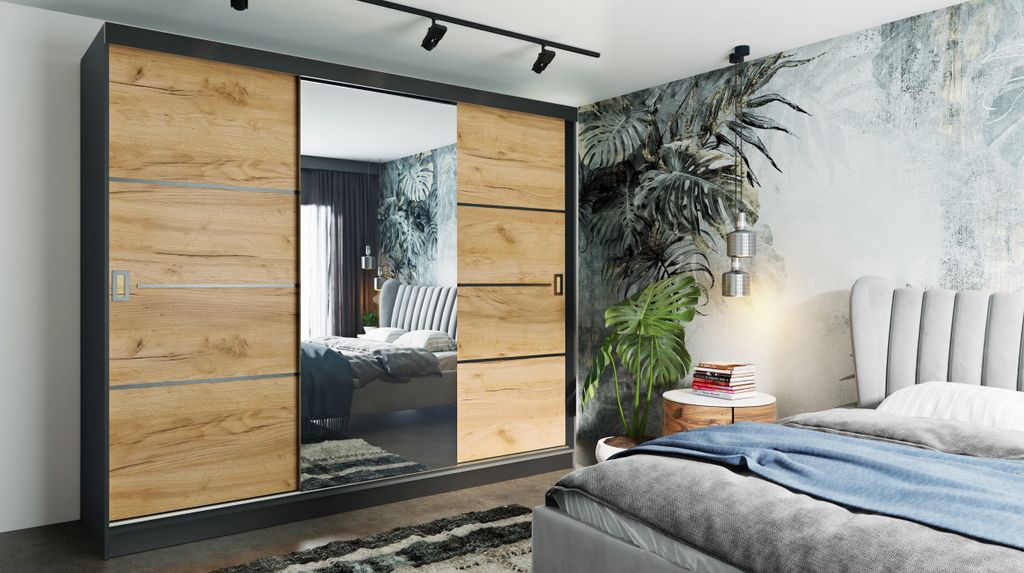 RETRO-4 Schiebetürenschrank 200x205, Kleiderschrank, 3-türig, mit Spiegel - Anthrazit + Goldene Eiche + Schwarz