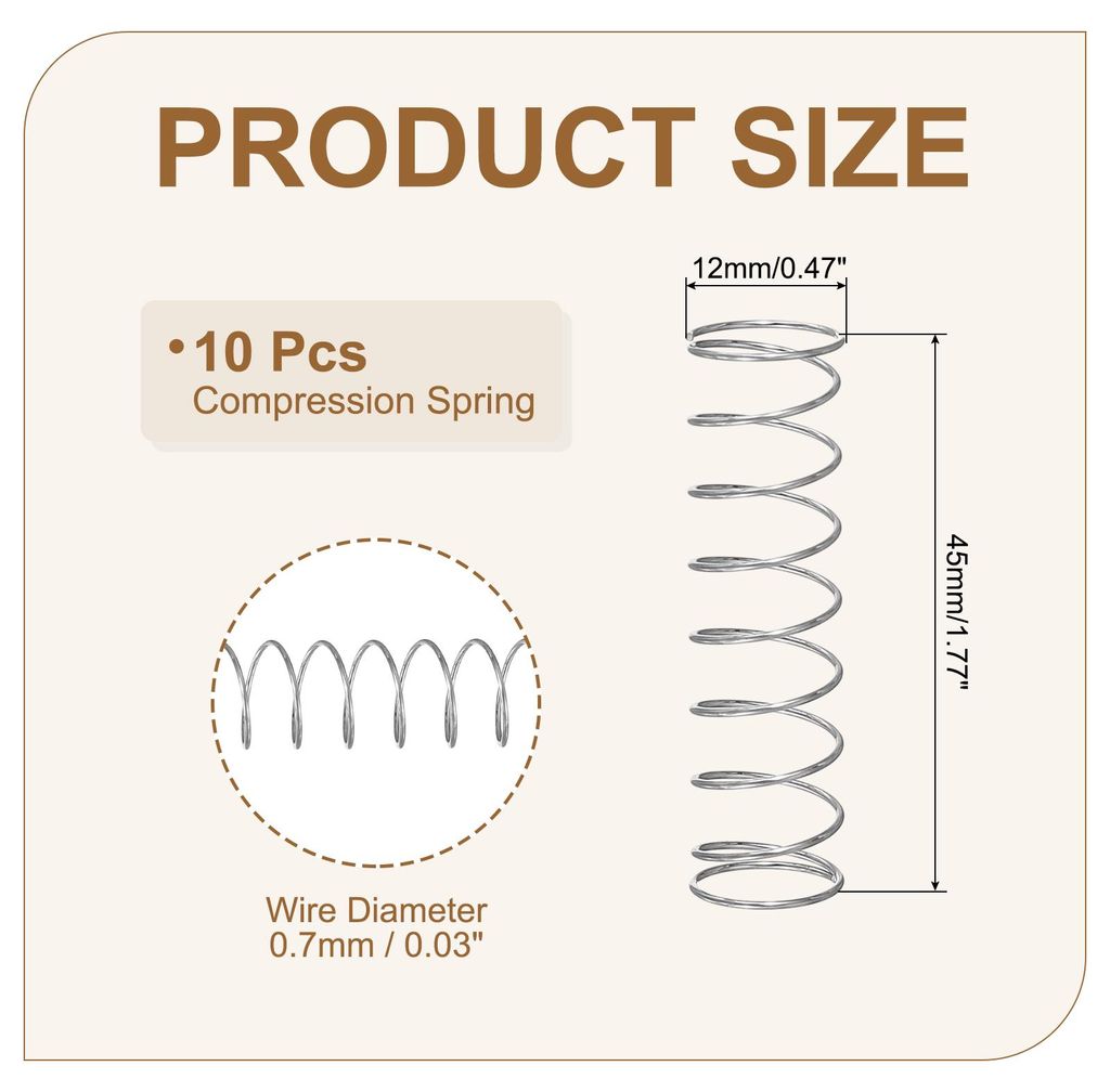 10 Stš¹ck 304 Edelstahl Druckfeder 0,7 mm Drahtdurch. 12 mm Au?endurch. 45 mm L?nge Silber Spiralfeder Metall Federn Set, Mechanische Druckfedern...