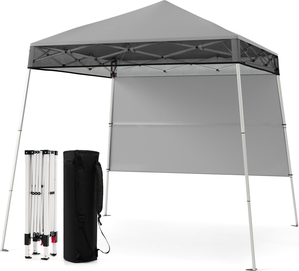 A gray pop-up canopy tent is shown fully assembled, with its folded frame and carrying bag displayed to the left.