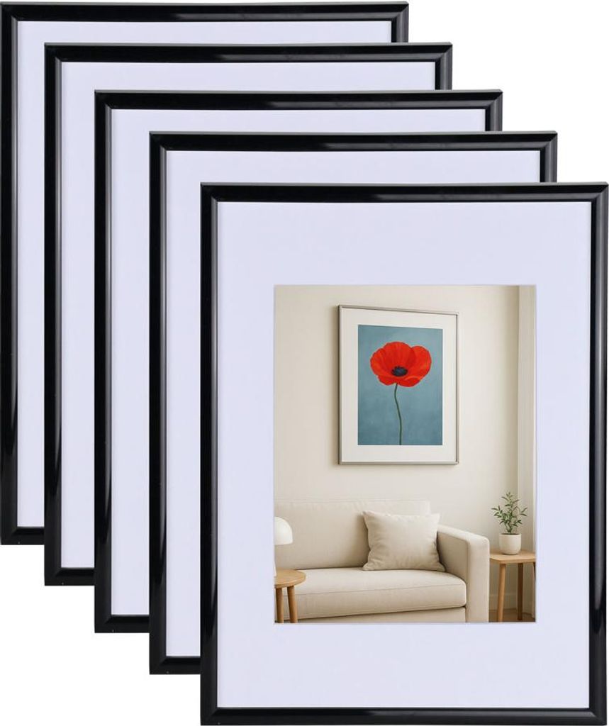 3er 5er Set New Lifestyle Kunststoff Bilderrahmen mit Passepartout & Klarglas Collage Wanddeko Poste - Farbe: 5er Pack Schwarz | Format: 40x50