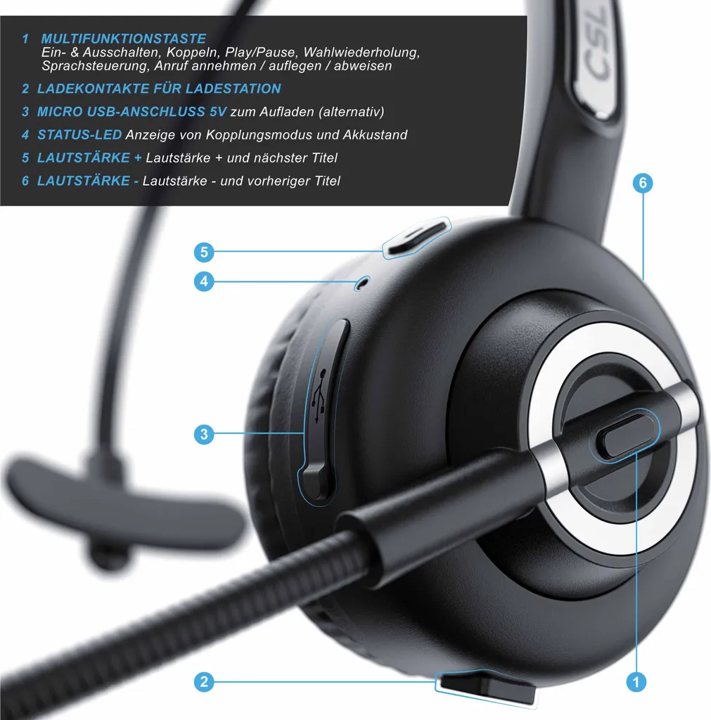 CSL Mono Headset avec Micro Flexible et Station de Charge Intégrée - 3