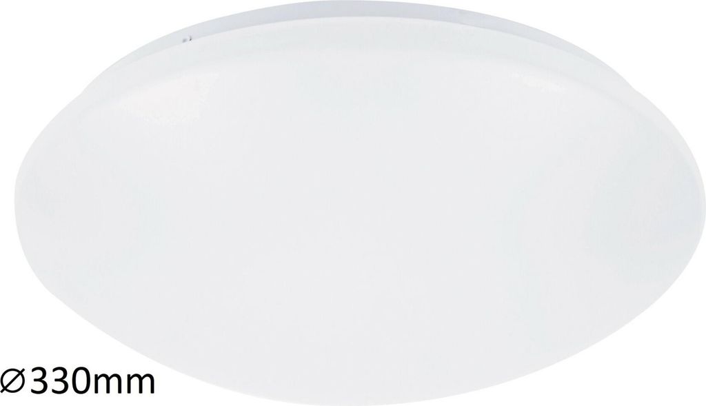 A white, round ceiling light fixture is shown against a white background. The diameter of the fixture is indicated.