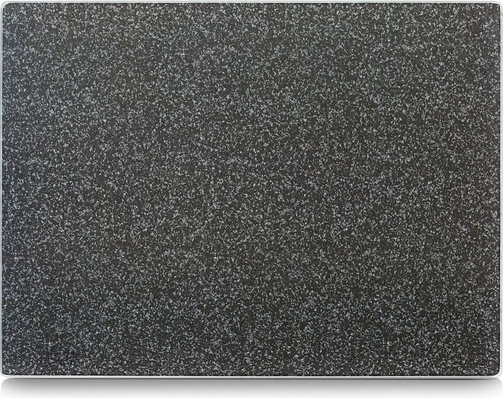 A flat lay of a rectangular cutting board with a speckled granite pattern.