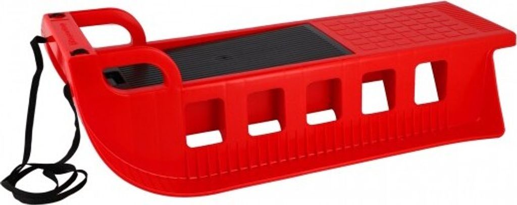 A red plastic sled with a black seat and a black pull rope, shown from a side-angle.