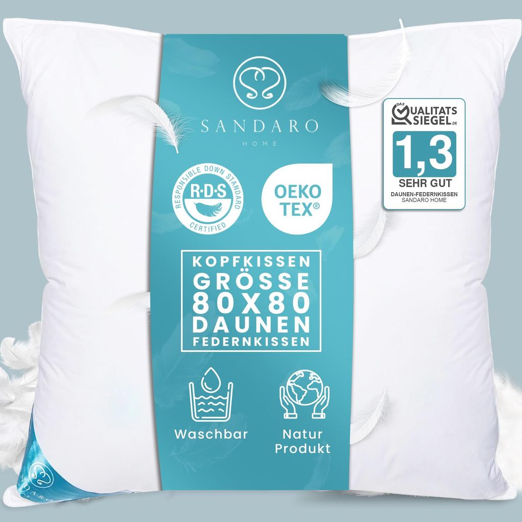Daunenkissen 80x80 cm – 3-Kammer Kopfkissen mit 1400g Füllung aus Daunen & Federn, Natur Baumwollbezug, für Allergiker, weich & stützend, atmu...