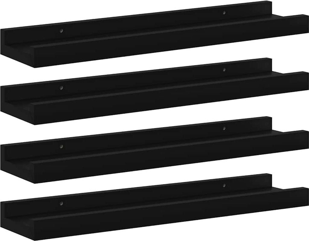Four black wall shelves are arranged vertically against a white background.