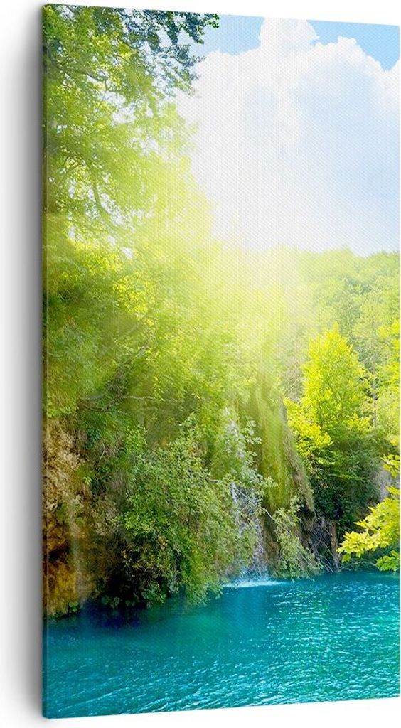 Bild auf Leinwand - Leinwandbild - Wasserfall Forrest Himmel - 45x80cm - Wand Bild - Wanddeko - Leinwanddruck - Bilder - Kunstdruck - Wanddekoratio...