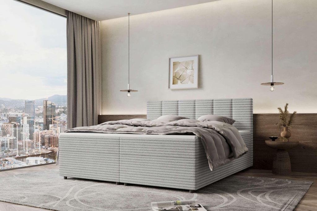 99rooms Bergamo Boxspringbett Cordstoff AMBIENCE Hellgrau 140x200 cm Schaum Topper 6 cm