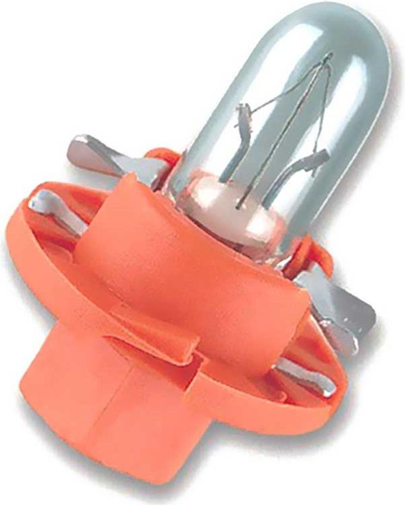 A close-up studio shot of a small automotive light bulb with an orange plastic base.