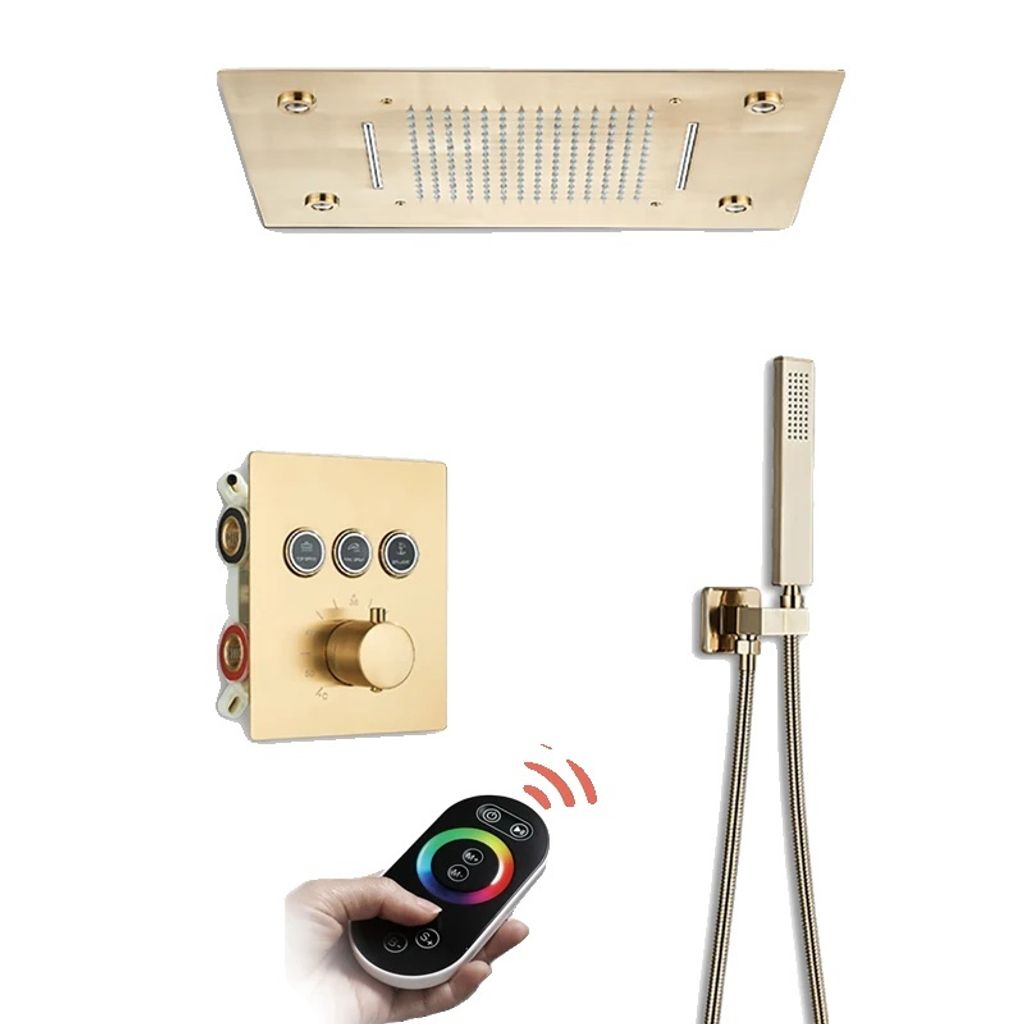 LED Regendusche System, Thermostatische Steuerung, Fernbedienung, Gebürstetes Gold Set/li/ul/div
