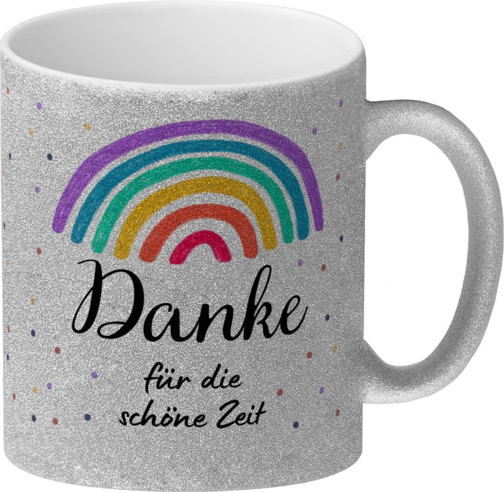 Regenbogen Glitzer-Kaffeebecher mit Spruch Danke für die schöne Zeit