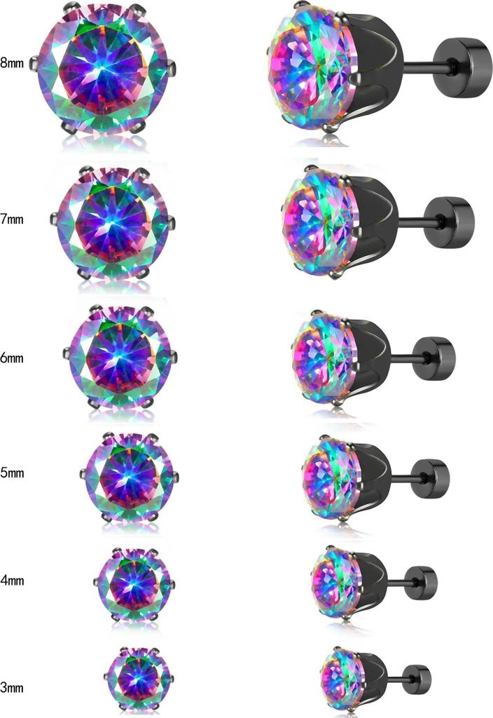 Elegante Ohrstecker in Schwarz mit bunt funkelndem Zirkonia (3mm - 8mm) 4mm