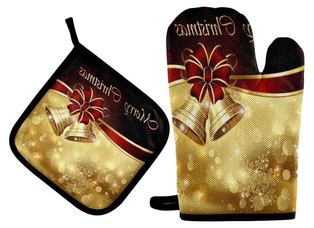 Ofenhandschuh-Set mit Weihnachtsmotiv, glänzendes Gold, 2 Stück