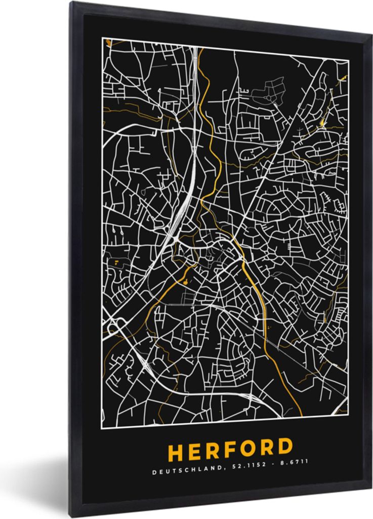 MuchoWow Gerahmtes Poster Stadtplan - Karte - Herford - Gold - Deutschland - Karte 20x30 cm - Poster mit Schwarzem Bilderrahmen Wandposter Rahmen...