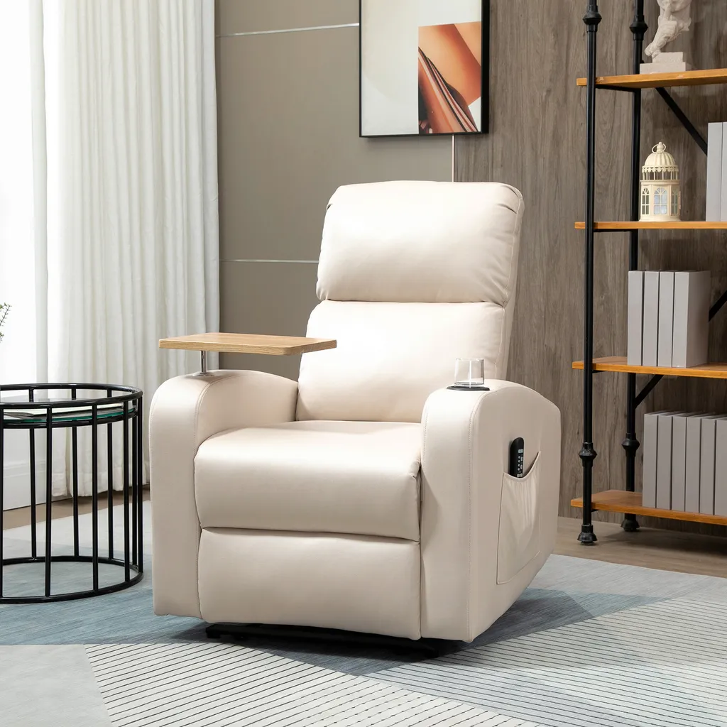 Fauteuil Relax avec Tablette et Télécommande en Microfibre Beige Douce - 2
