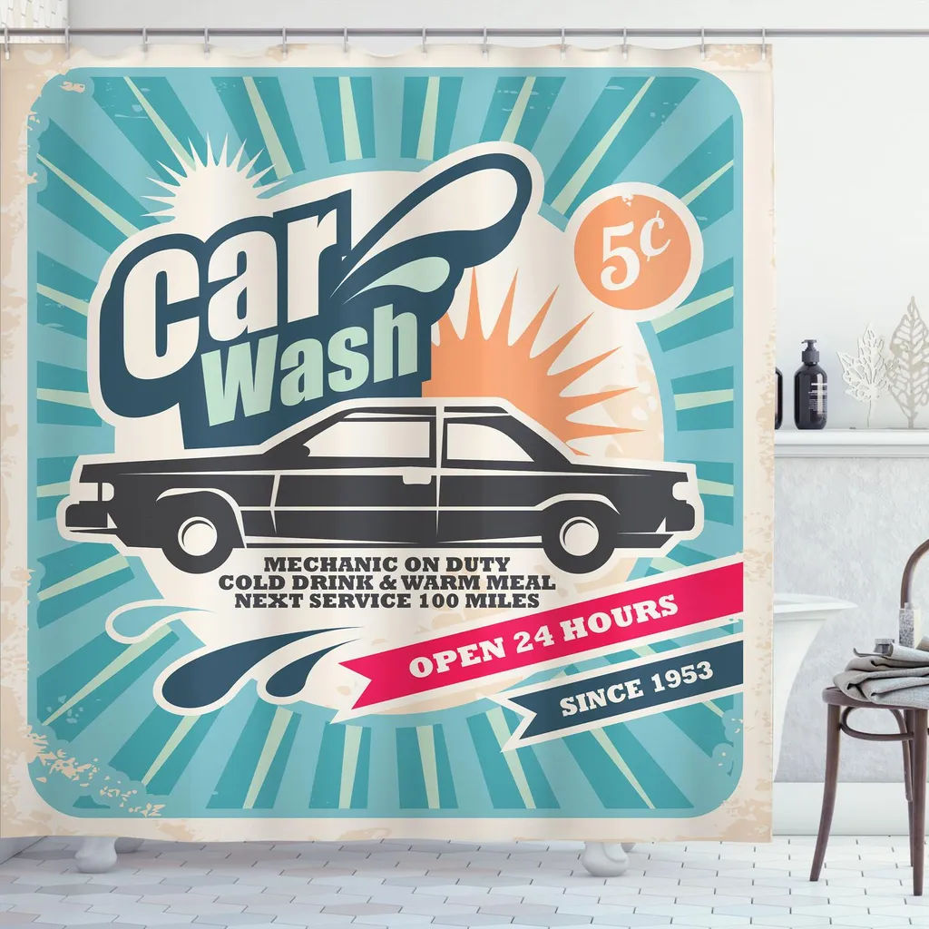 Rideau de douche extra long style rétro garage pour salle de bain chic