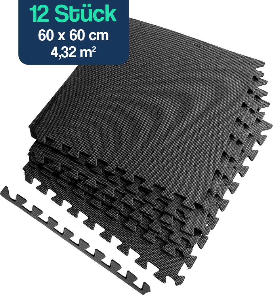 Hulser Fitness Puzzlematte - 60 x 60 x 1,2 cm - 12 Stück - 4,32 m2 - Bodenschutzmatten - Fitnessmatte Unterlegmatten Schutzmatten