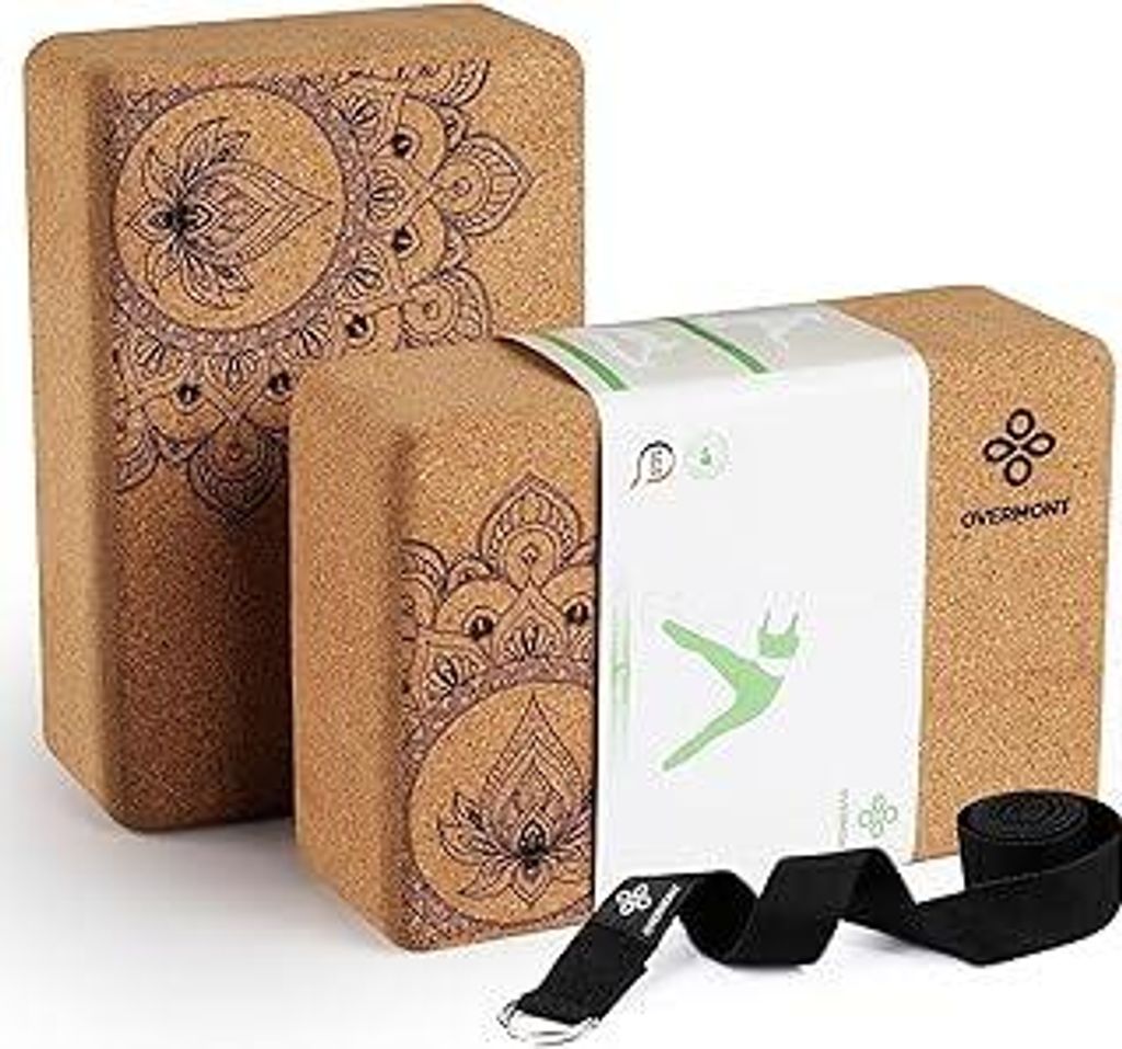 Overmont Yogablöcke Kork 2er Set Yogaklotz - Yoga Block mit Yoga Gurt - Korkblock für Fitness Pilates Stretching und Meditation