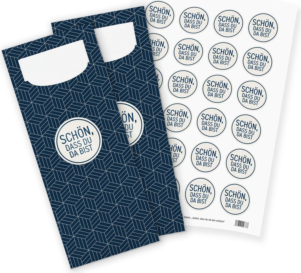 itenga 24x Bestecktasche DUNKELBLAU Geometrie + Aufkleber Schön dass du da bist schlicht