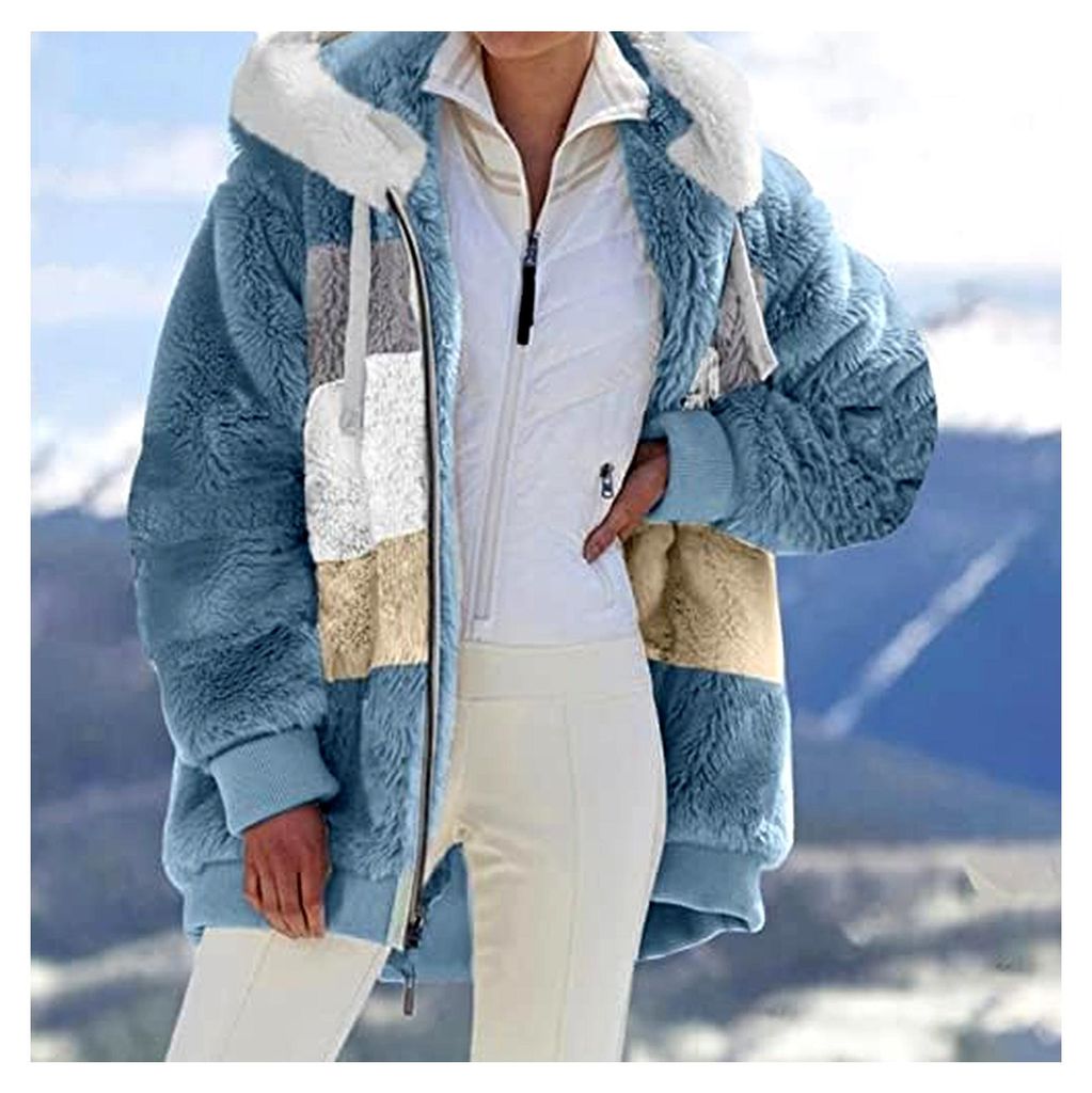 Fleecejacke für Damen, Winterjacke mit Teddy-Fleece, warm gefüttert, Kapuzenpullover, flauschige Plüschjacke mit Taschen und Reißverschluss, Ov...