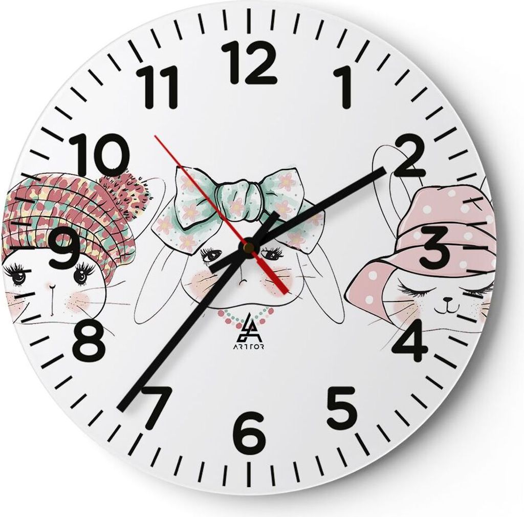 Wanduhr - Rund - Glasuhr - Bunnys Hüte Illustration Kinder - 40x40cm - Schleichendes Uhrwerk - Lautlos - zum Aufhängen bereit - Dekoration Modern...