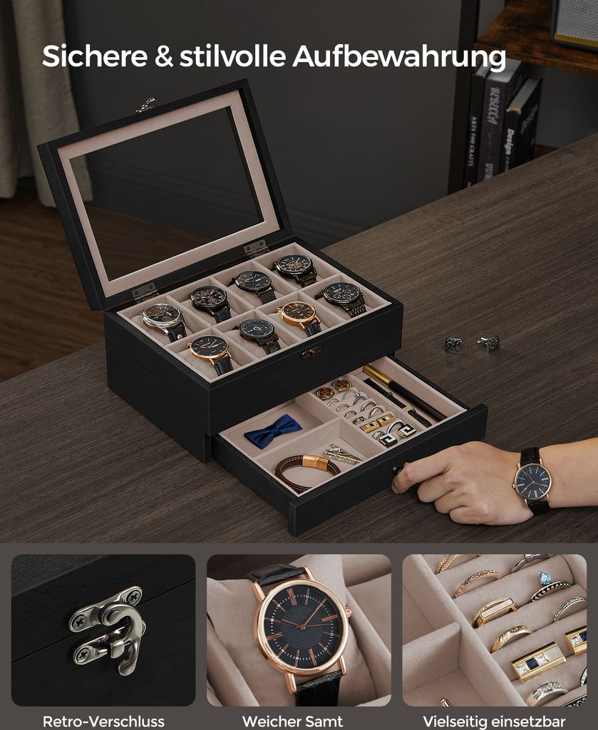 SONGMICS Uhrenbox Mit 2 Fächern - Elegante Aufbewahrung Für Reisende