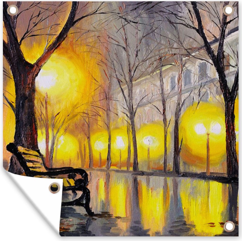 MuchoWow 50x50 cm Outdoor-Poster Gartendeko Sichtschutz Garten Poster für den Garten Malerei - Bank - Wasser - Licht - Öl
