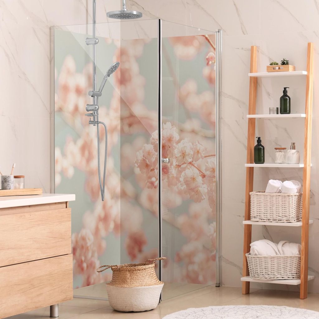 Duschrückwand Blumen selbstklebend - 0.35 mm Wandpaneel wasserfest Kirschblüte rosa Landhaus Badrückwand fugenlos Smart matt 100x190 cm