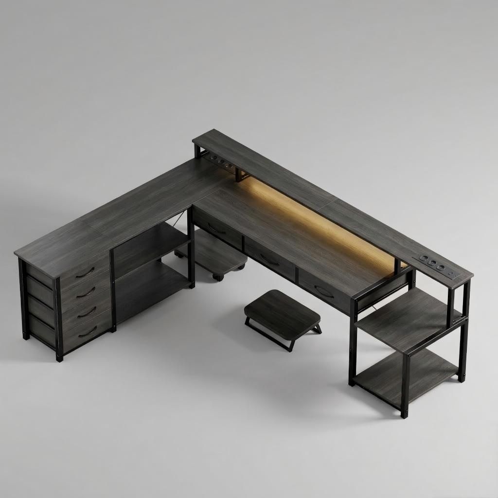 AIORBER L-förmiger Eckschreibtisch mit Schubladen, Steckdosen & USB, Monitorständer, LED-Beleuchtung, reversibel 200×146 cm, Grau