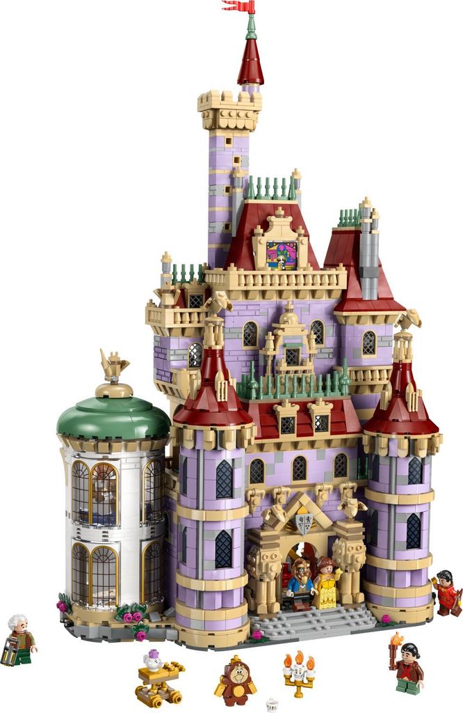 A LEGO castle set from Disney's Beauty and the Beast, with several minifigures and accessories in the foreground.
