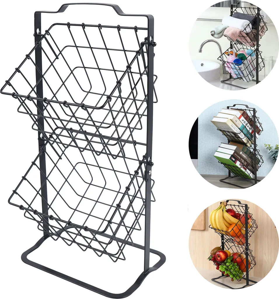 Support fruits autonome 2 niveaux métal noir robuste et gain de place