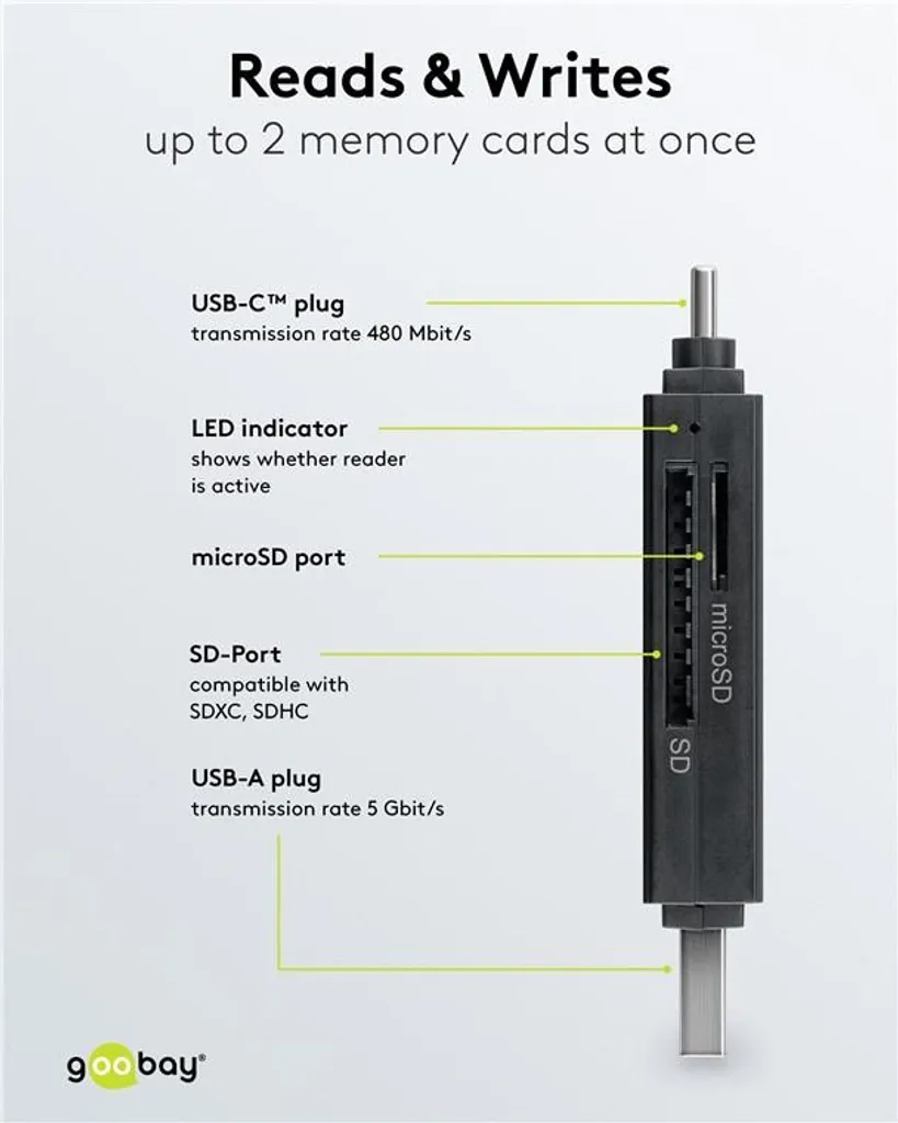 Lecteur SD et Micro SD Rapide USB 3.0 et USB-C Goobay Haute Performance - 9