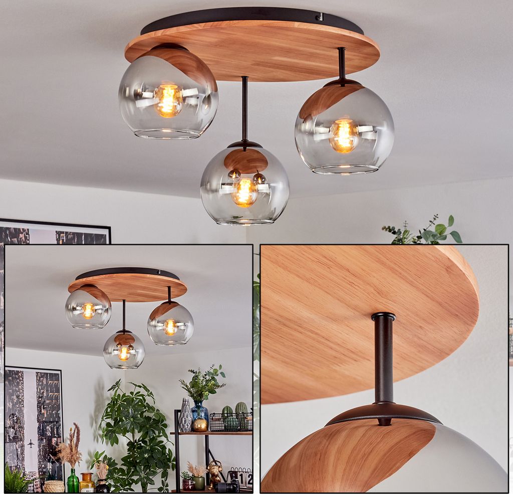 Cesaro Deckenlampe aus Metall/Holz/Glas in Schwarz/Natur/Rauchfarben/Klar