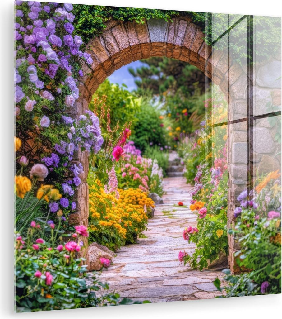 MuchoWow Glasbilder - Bilder auf Wandbild - Foto auf Glas Durchblick - Blumen - Weg - Natur 30x30 cm Wanddekoration aus Glas - Acrylglasbild - Acry...