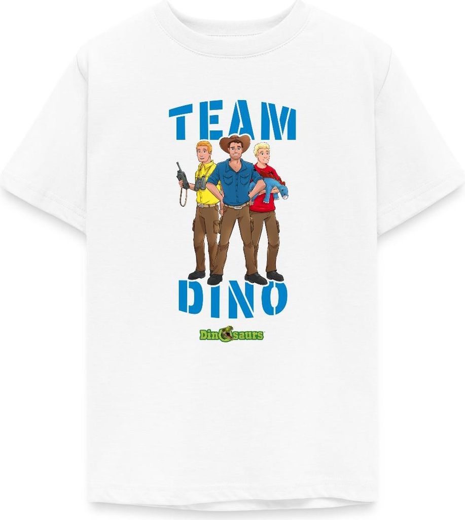 Spreadshirt Dinosaurier Team Dino Teenager T-Shirt, 134/146 (9-11 Jahre), Weiß