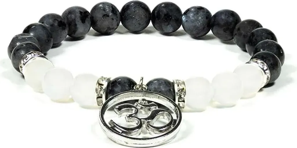 Bracelet en Labradorite et Agate Blanche 8mm avec Symbole Ohm Sacré