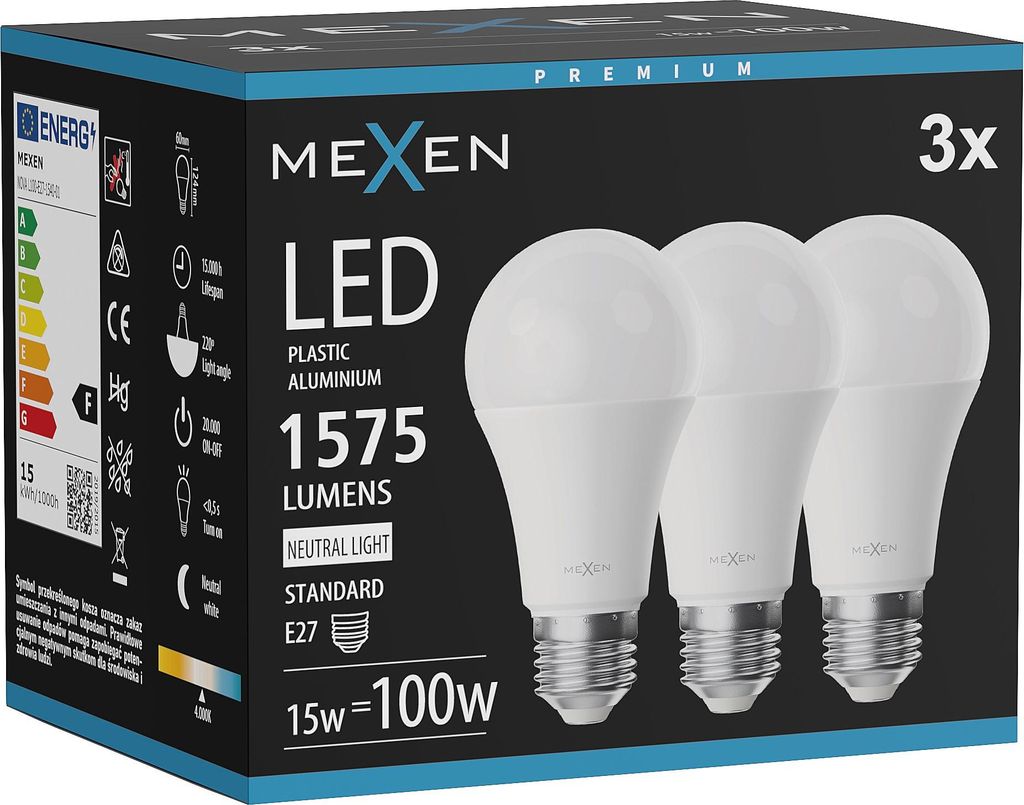 Mexen Nova 3x LED-Glühbirne E27, A60, 15W, Neutral - 4000K, 1575 lm - L100-E27-1540-01x03