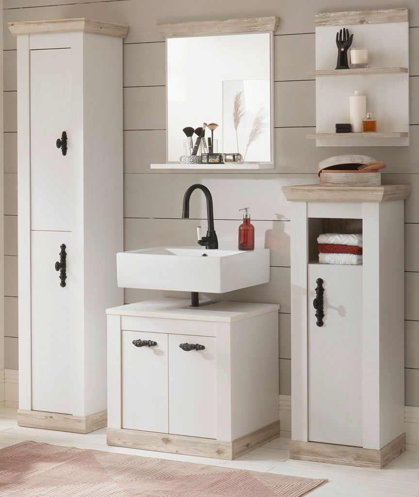 Badmöbel Set "Rovola" Pinie weiß / Oslo Pinie Landhaus Badezimmer 5-tlg. 184 x 200 cm