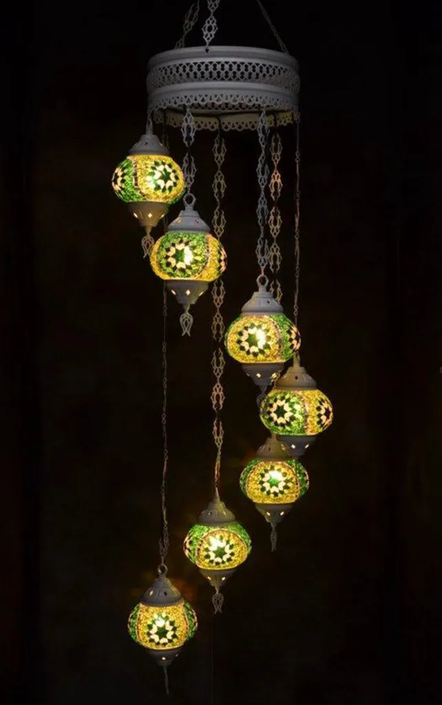 Suspension artisanale turque vert argent 7 globes mosaïque 155cm