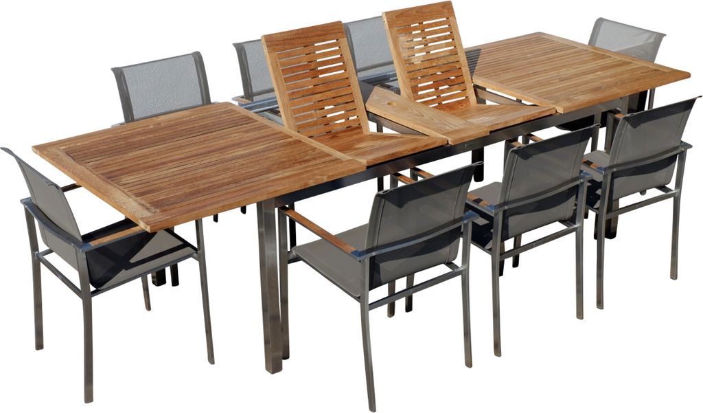 ALEOS. Gartengarnitur Edelstahl Teak Holz A-Grade Batyline Set Ausziehtisch 200-240-280 x 100 cm + 8 Sessel mit Batyline Bespannung Serie KUBA-BRAU...