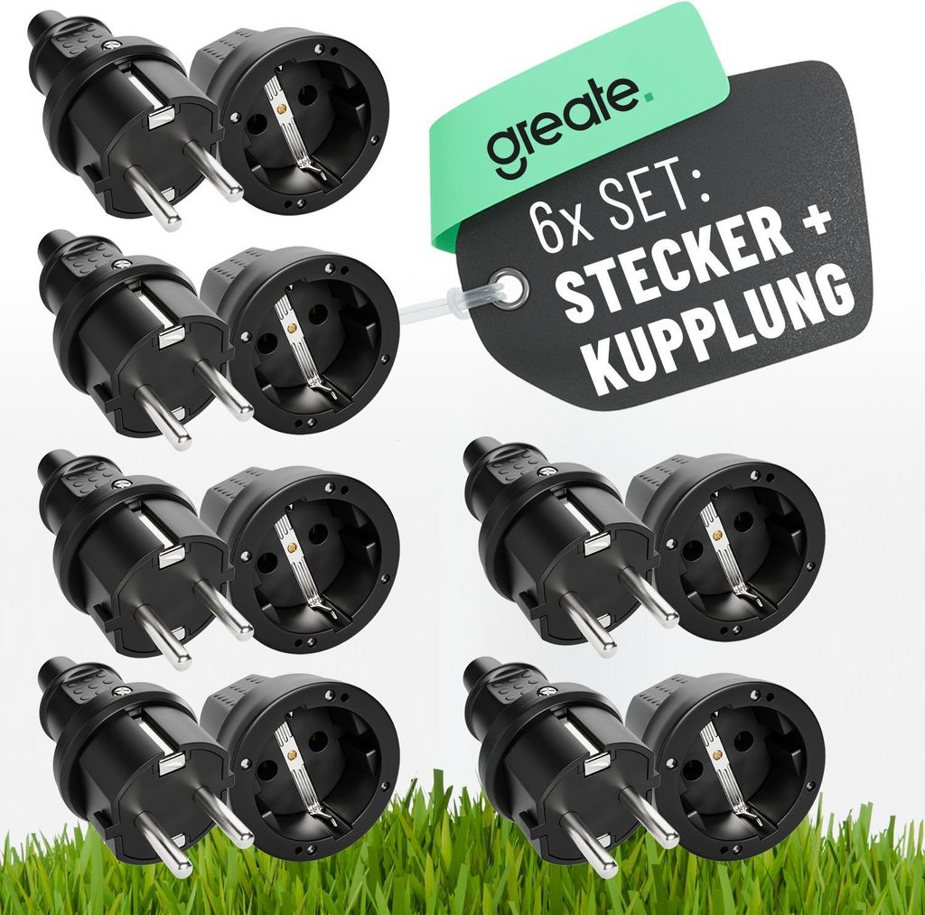 ABSINA 6x Schutzkontakt Stecker & Kupplung - Gummi Schutzkontaktstecker & Kupplung 2-polig, 250V, 16A & IP44 für Außenbereich