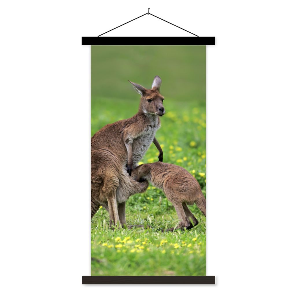 MuchoWow Textilposter Känguru - Blumen - Jung 40x80 cm mit schwarzem Rahmen - Wandemalerei