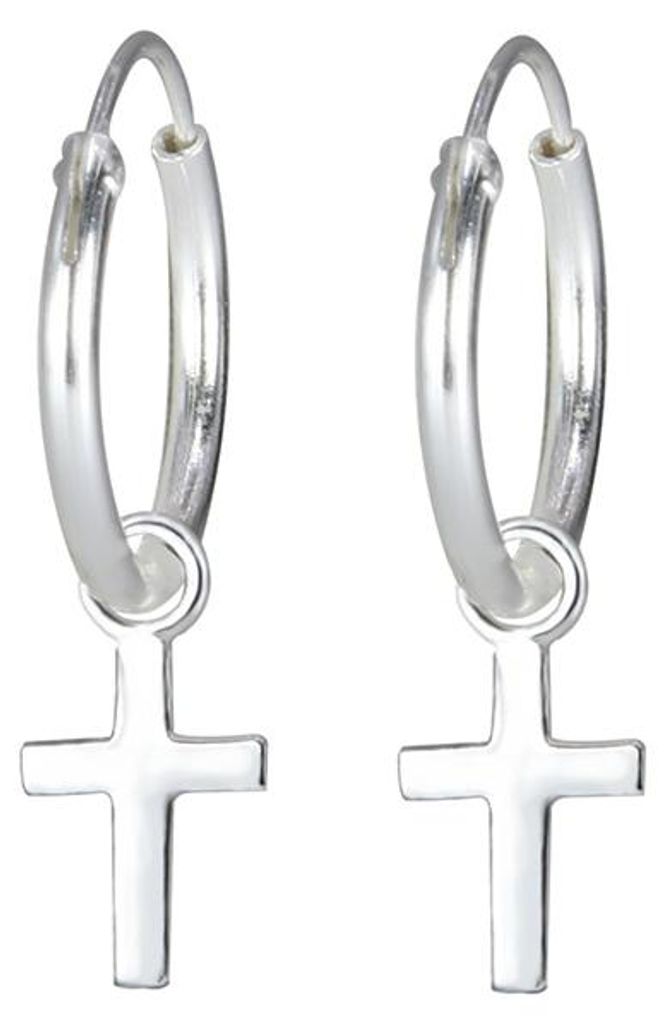 Kleine Creolen mit Kreuz Anhänger: Ohrringe Silber 925 Produktbild 