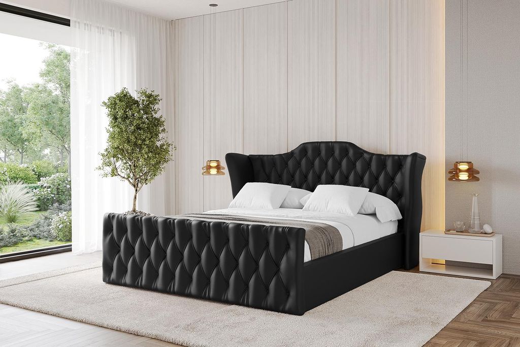 ALTDECOR Polsterbett mit Bettkasten - ZORAN-Z - 200x200 Schwarz Kunstleder - Bett mit Kopfteil und Fußteil, Boxbett ohne Matratze, Doppelbett mit ...