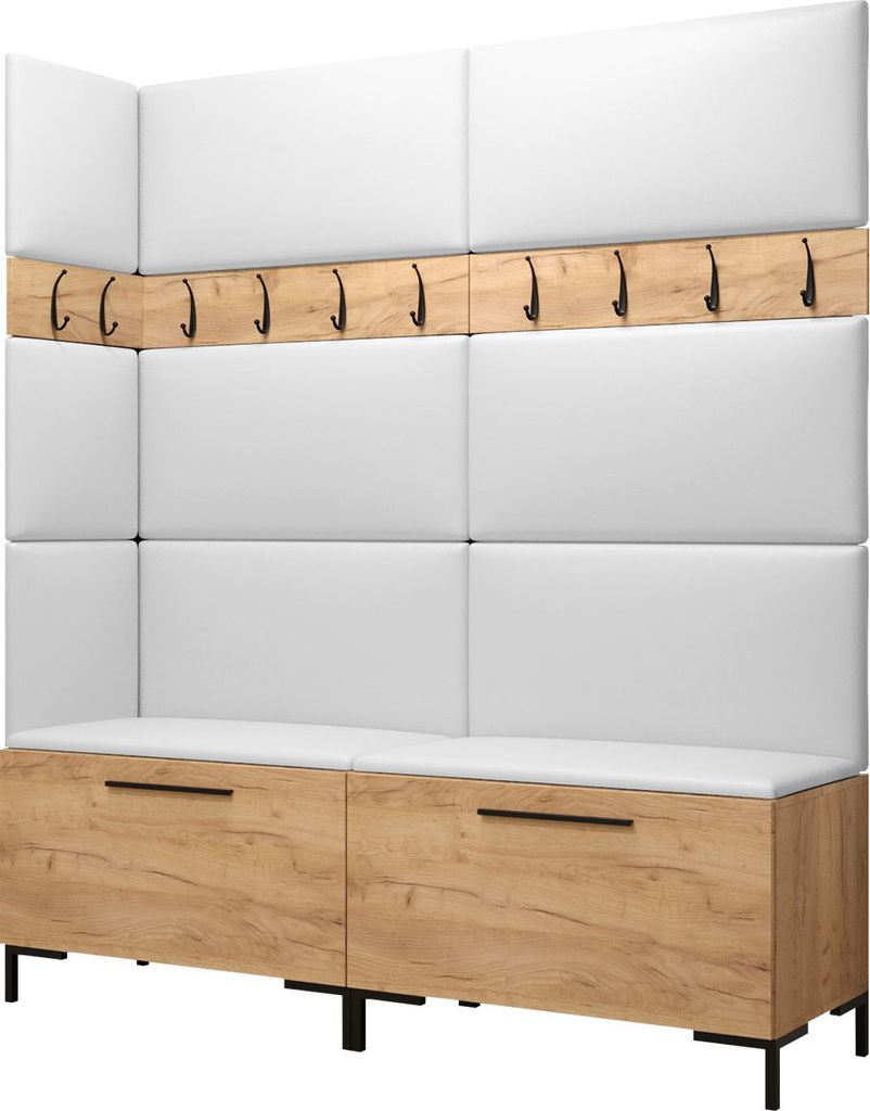 MIRJAN24 Garderoben-Set Zilion V, Garderobe mit 8 Stück Gepolstertes Wandpaneel Pag 84x42 und 3 Stück 42x42 (Eiche Craft Gold + Schwarz, Soft 017)