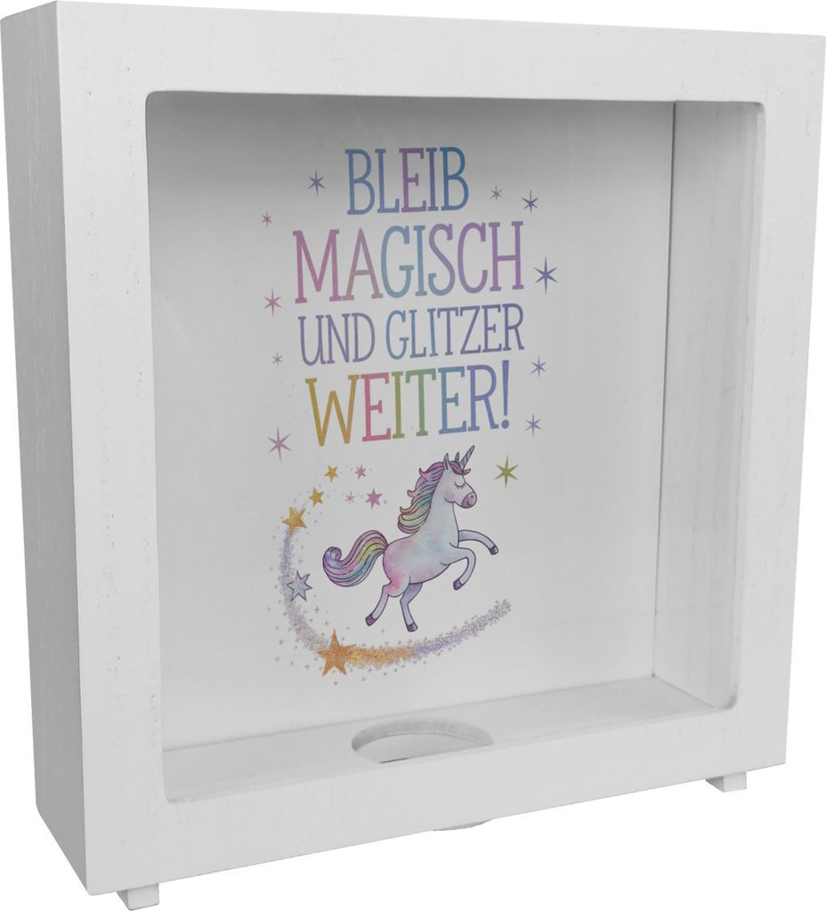 Einhorn mit Regenbogenmähne Rahmen Spardose aus Holz Bleib magisch, glitzer
