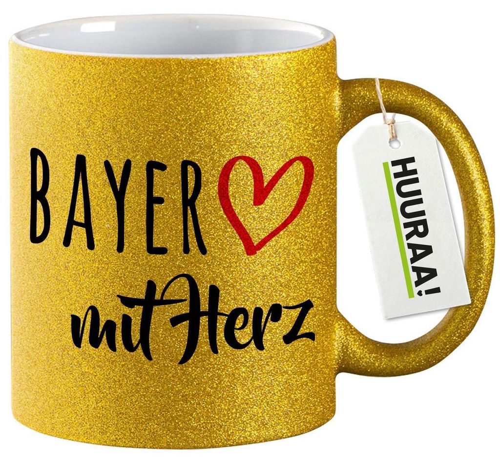 Huuraa Glitzertasse Bayer mit Herz 330ml Gold Keramik Kaffeebecher Geschenkidee