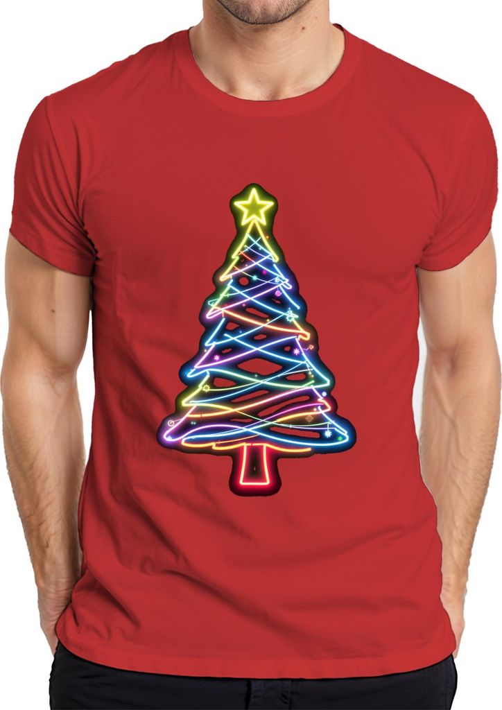 Neon Weihnachtsbaum Leuchtend Bunt Stern Neonlicht Weihnachten Herren T-Shirt, Rot, 3XL