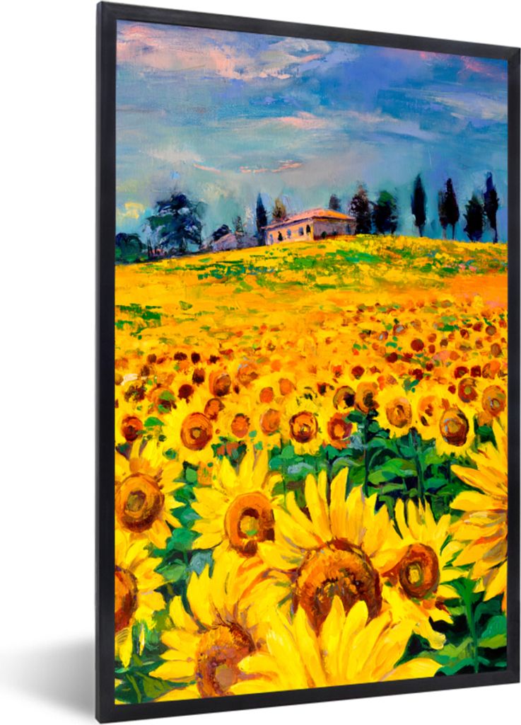 MuchoWow Gerahmtes Poster Ölfarbe - Gemälde - Blumen - Sonnenblume 20x30 cm - Poster mit Schwarzem Bilderrahmen Wandposter Rahmen Foto Bilder -...