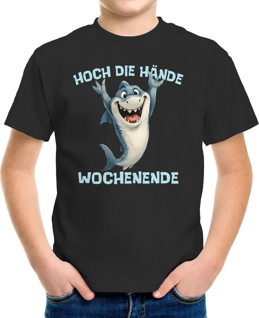 Kinder T-Shirt Jungen Mädchen Hai lustig Hoch die Hände Wochenende Shirt mit Spruch Printshirt Moonworks